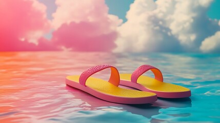 Close up of a pair of flip flop on the seaside isolated on a colorful background