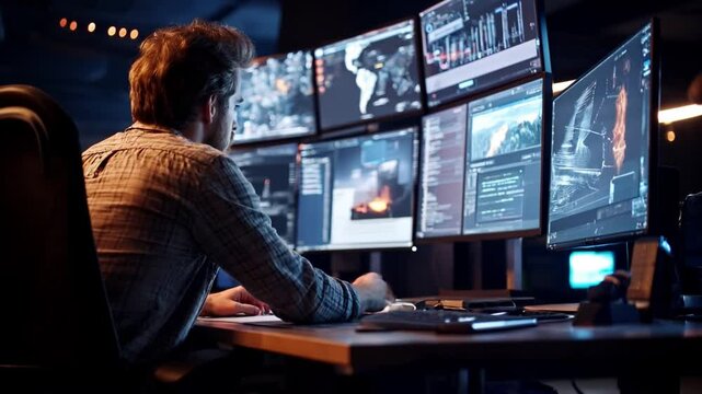 A male IT specialist, wearing casual clothes, sitting at a desk with multiple monitors, troubleshooting software issues. The workspace is filled with computer screen. 4k video footage