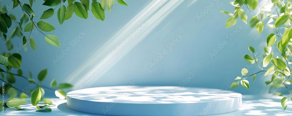 Poster white podium displaying on blue background with leaves and sunrays