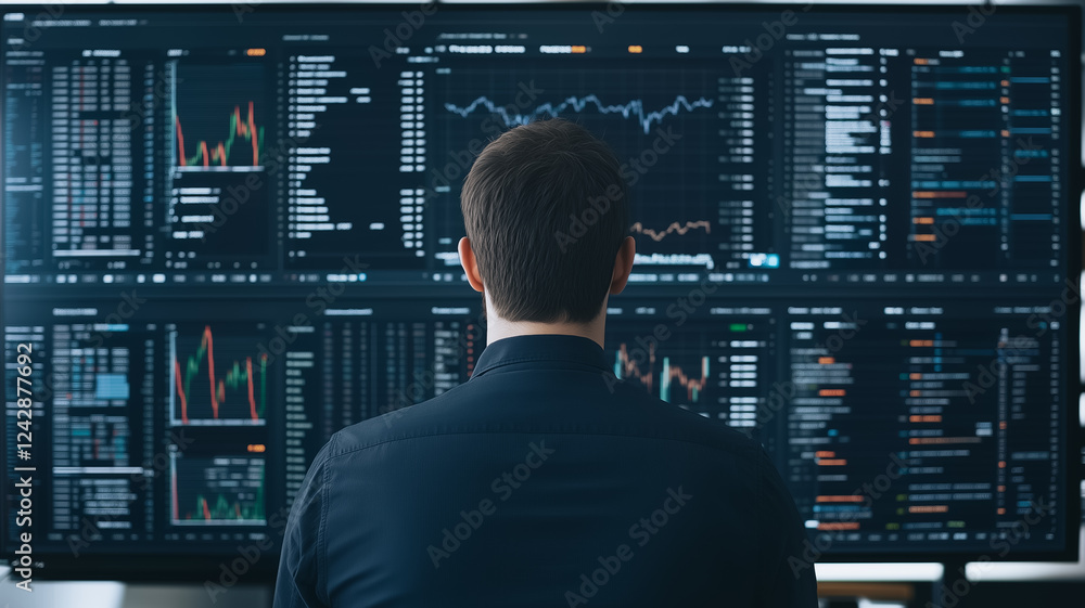Poster man analyzing data on multiple screens.