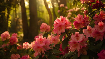 Obraz premium A living rhododendron ecosystem with AI-controlled microhabitats in each petal, hosting symbiotic species, adaptive photosynthesis membranes, forming a vertical smart forest in a futuristic city