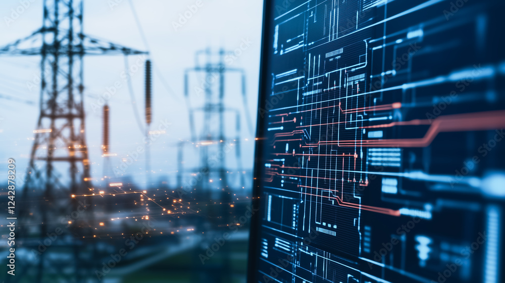 Poster close-up shot of a computer screen displaying a digital diagram with a power plant in the background