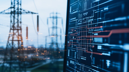 close-up shot of a computer screen displaying a digital diagram with a power plant in the background. 