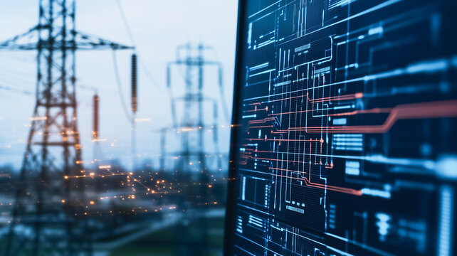 close-up shot of a computer screen displaying a digital diagram with a power plant in the background. 