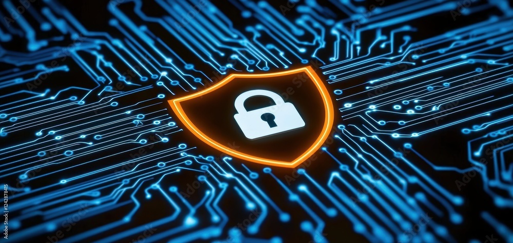 Poster cybersecurity graphic with a shield and padlock icon in the center, encircled by an arrow, connected