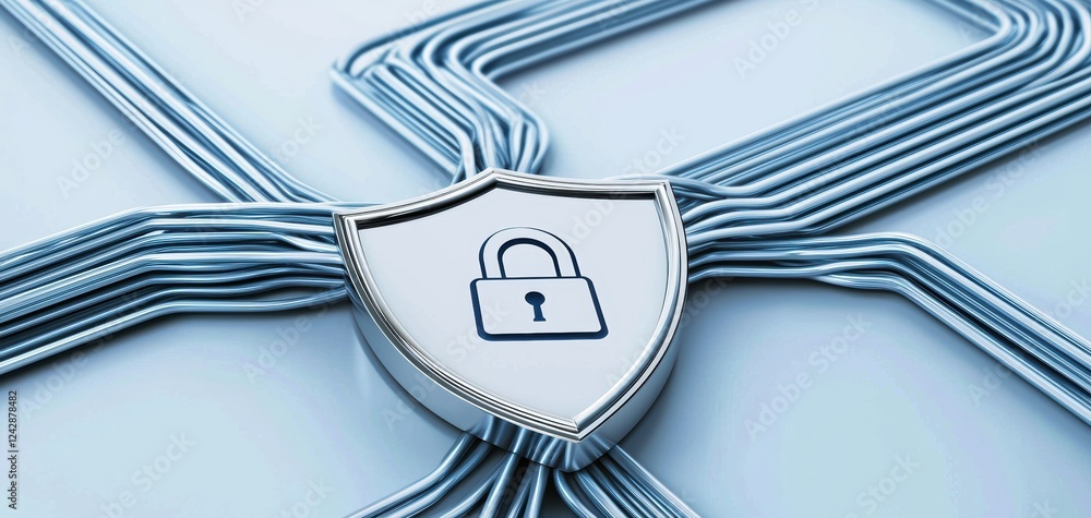 Poster cybersecurity graphic with a shield and padlock icon in the center, encircled by an arrow, connected