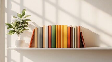 Colorful Bookshelf Decorated With Plant And Sunlight