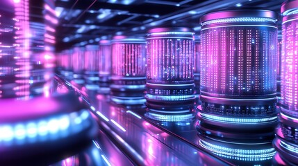 A futuristic data center with rows of cylindrical AI processors, radiating pulsating light patterns that sync with holographic data streams.