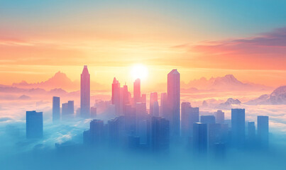 Fototapeta premium Cityscape at Sunrise with Mist, Mountains, and Modern Architecture.