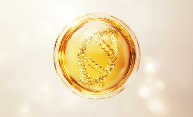 gold water liquid bubble with dna helix, drops, transparent sphere ball, moisture serum, molecules cells, water splash,3d render,Cosmetic and luxury product