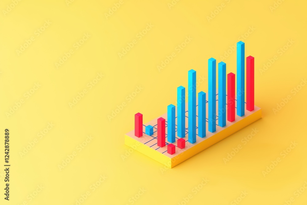 Poster dynamic 3d financial chart with detailed candlestick patterns, blue and red bars, and numeric highli