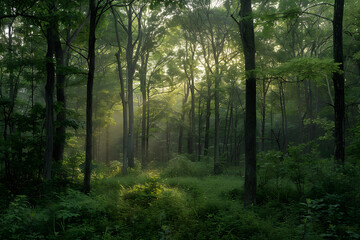 Fototapeta premium Peaceful Dawn in a Serene Forest: Light and Shadow Dance Among Trees, Creating a Tranquil Escape