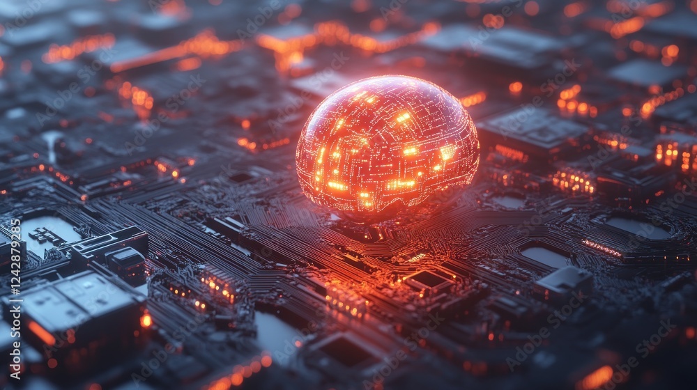 Poster Luminous Sphere Resting on a Circuit Board