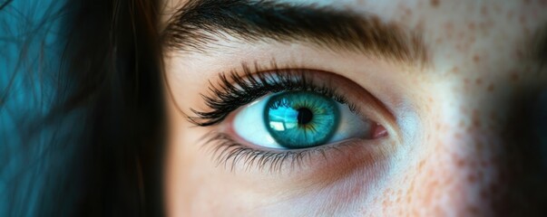 Fototapeta premium Close-up teal eye, freckles, dark background, beauty