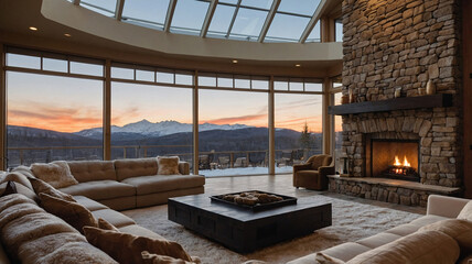 Obraz premium Cozy rustic retreat featuring beige sofa stone wall fur carpet fireplace and golden hour views of snow covered mountains framed by large windows Interior Design Inspiration