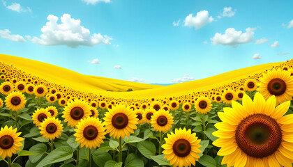 Fototapeta premium Vibrant sunflower field under clear blue sky, nature's beauty