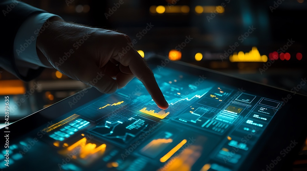 Poster hand interacting with futuristic tablet displaying data