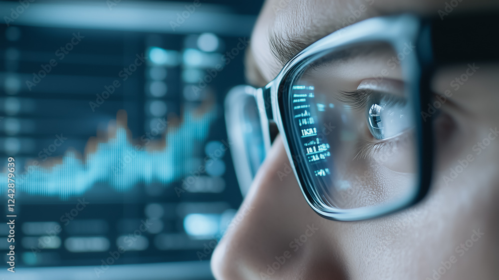 Poster close-up of a person wearing glasses, focused on a computer screen displaying data graphs.