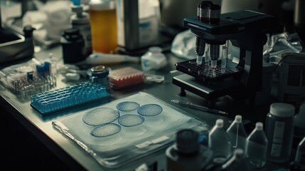 Lab research Microscope, samples, analysis, messy workspace, scientific discovery