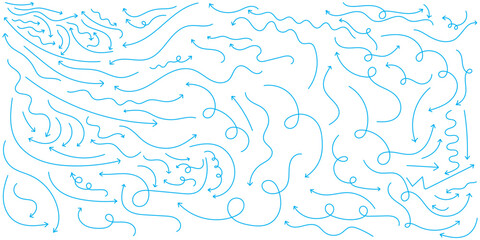 Hand drawn arrow vector icons set. Set of simple lines hand drawn blue arrows in various style. Set of simple of hand drawn blue arrows. Set of simple lines hand drawn blue arrows. Various of doodle 