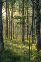Fototapeta premium Peaceful Dawn in a Serene Forest: Light and Shadow Dance Among Trees, Creating a Tranquil Escape