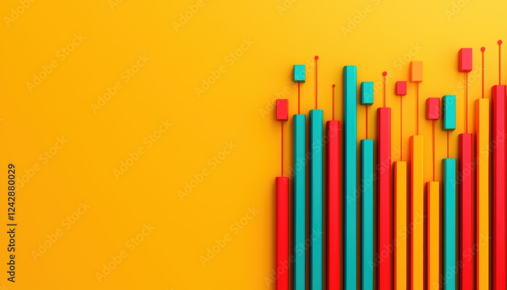 Poster financial candlestick graph in 3d with vibrant red and blue bars, floating numeric data, and a clean