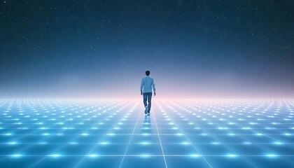 Man Walking Towards a Luminous Futuristic Grid Under a Starry Sky