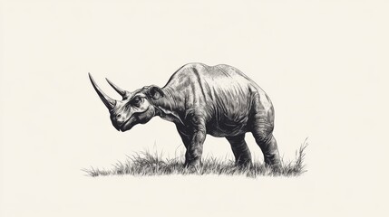 Fototapeta premium Prehistoric rhino illustration, grassland background, paleontological art, educational use