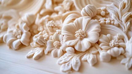 Intricate floral plaster relief, close-up, background texture, design element
