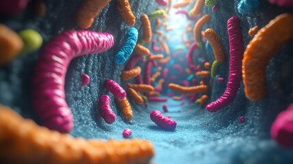 Colorful bacteria tunnel, microscopic view, glowing background, medical illustration