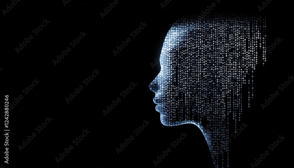 Aufkleber futuristic humanoid figure with a glossy surface, surrounded by cascading binary code in neon blue, 