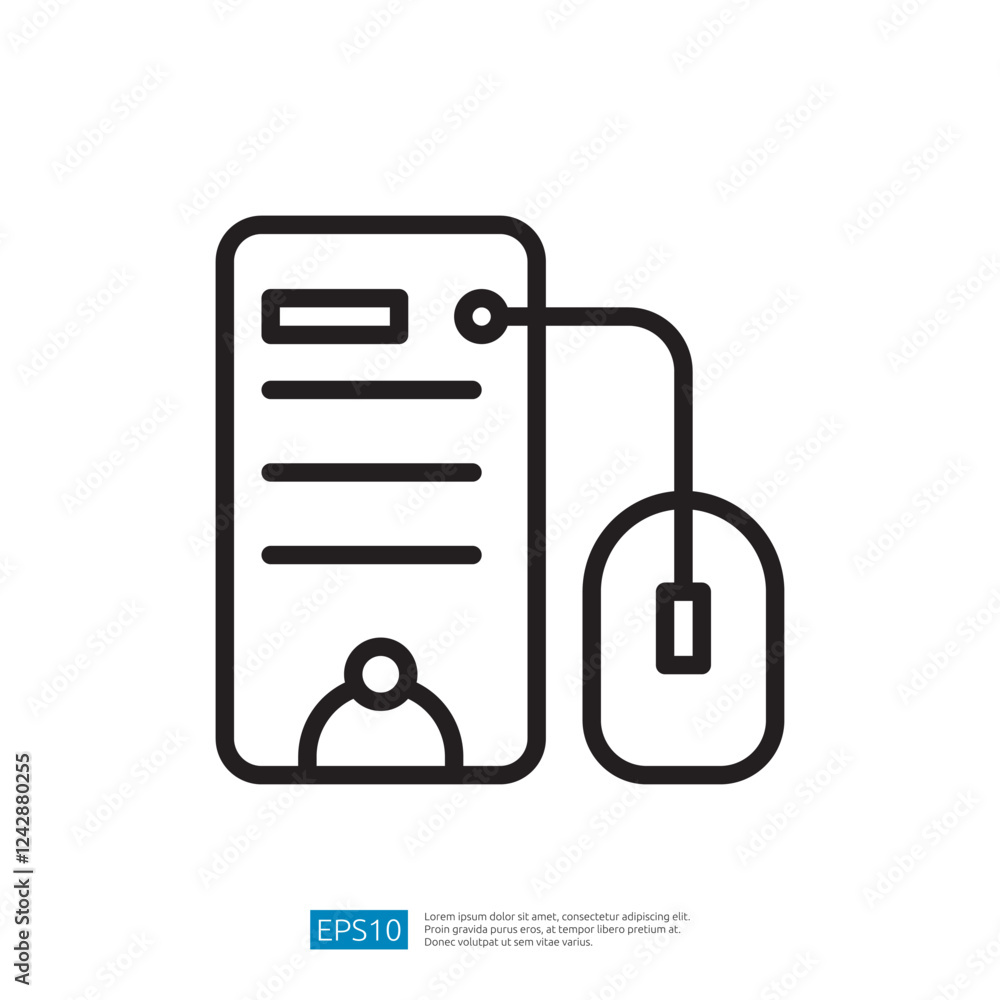 Poster illustration of a computer and mouse with connected cable representing digital technology and worksp
