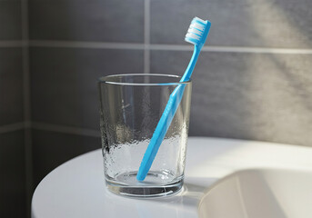 Closeup pf glass cup and toothbrush placed on washbasin in bathroom interior with grey tile walls