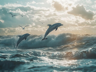 Obraz premium Dolphins gracefully leap over ocean waves under dramatic sky with seagulls