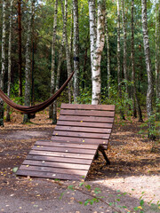 Wooden Recliner and Hammock in Autumn Forest Surroundings
