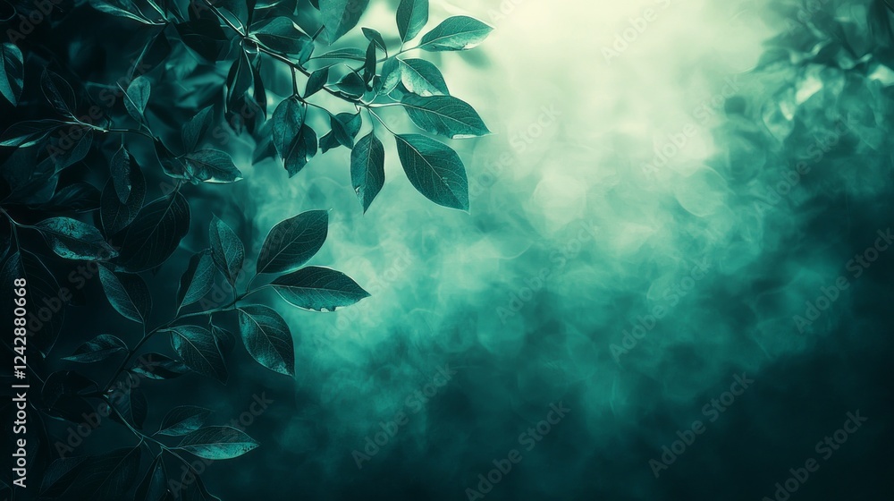 Poster Vibrant green leaves reach out from the edges, creating a natural frame against a softly blurred misty backdrop in a serene forest setting just as dawn breaks