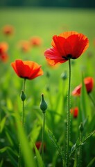 Fototapeta premium lush green grass under the large poppy flowers, grass, nature, floral