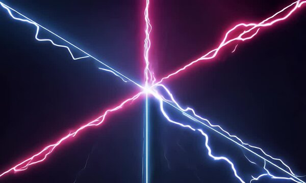 Abstract neon colored lightning strikes flashing against a dark background, surrounded by zip effects on all sides.