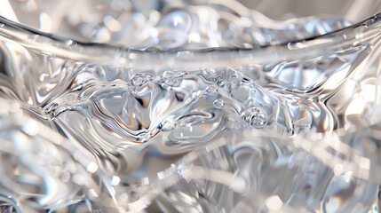 A crystal-clear glass filled with water, with reflections of light creating soft ripples on the surface and intricate details of the glass shape.