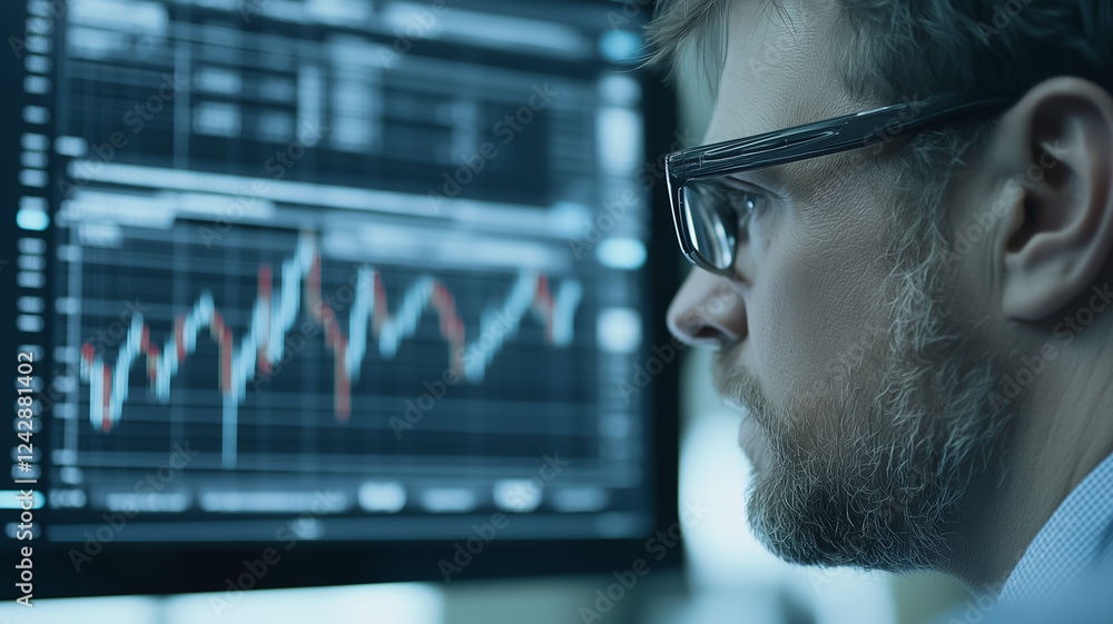 Aufkleber focused man analyzing stock market data on a computer screen.