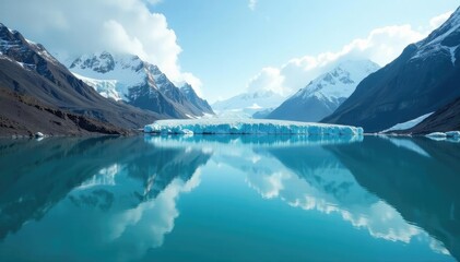 Fototapeta premium Glaciers in the distance with mountains and turquoise lake reflected, blue, wintery, icy