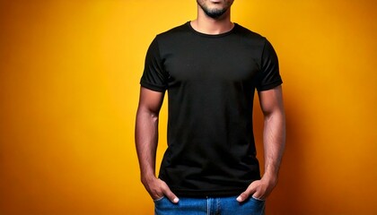 plain black t shirt mockup male model front view colorful background banner