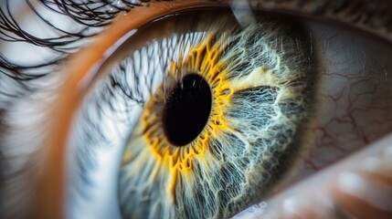 Close-up human eye, detailed iris, macro photography, blurred background, medical