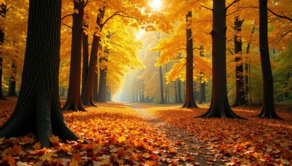 Dense foliage of deciduous trees golden yellow and orange hues fall leaves scattered on forest floor, nature, leaves, autumn
