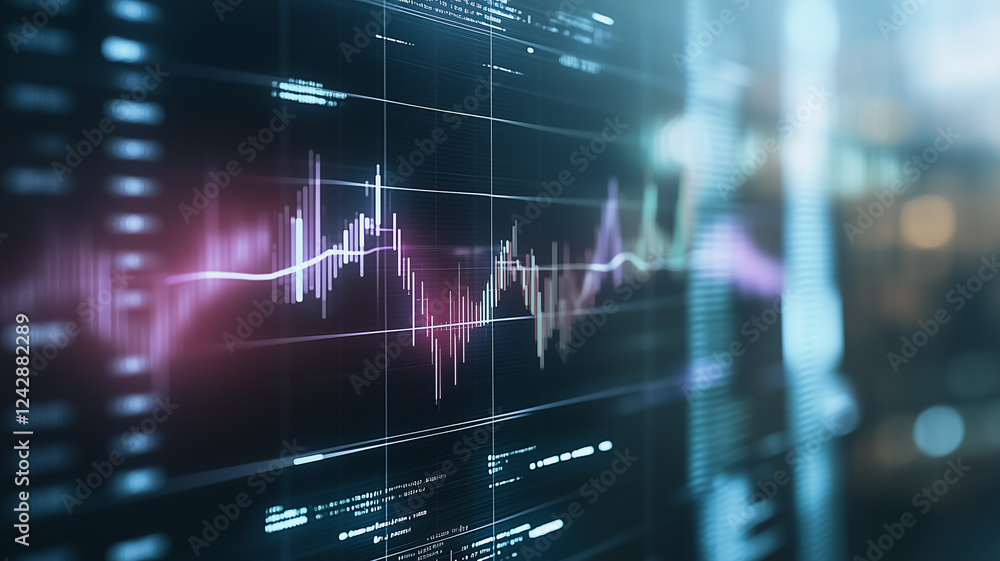 Poster financial data displayed on a large screen, showing a fluctuating graph.
