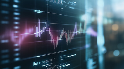 Financial data displayed on a large screen, showing a fluctuating graph. 
