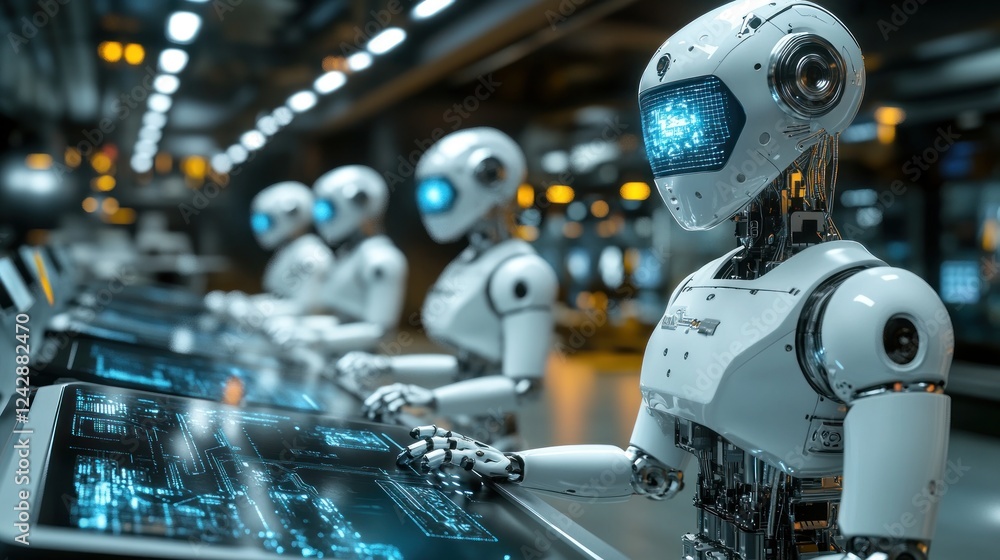 Aufkleber advanced robots working together on futuristic technology