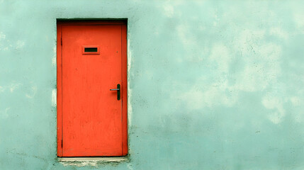 Red door on teal wall, urban setting, copy space
