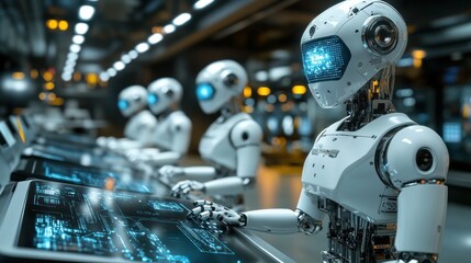 Fototapeta premium Advanced Robots Working Together on Futuristic Technology