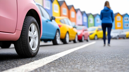 Woman walking past colorful cars parked near houses